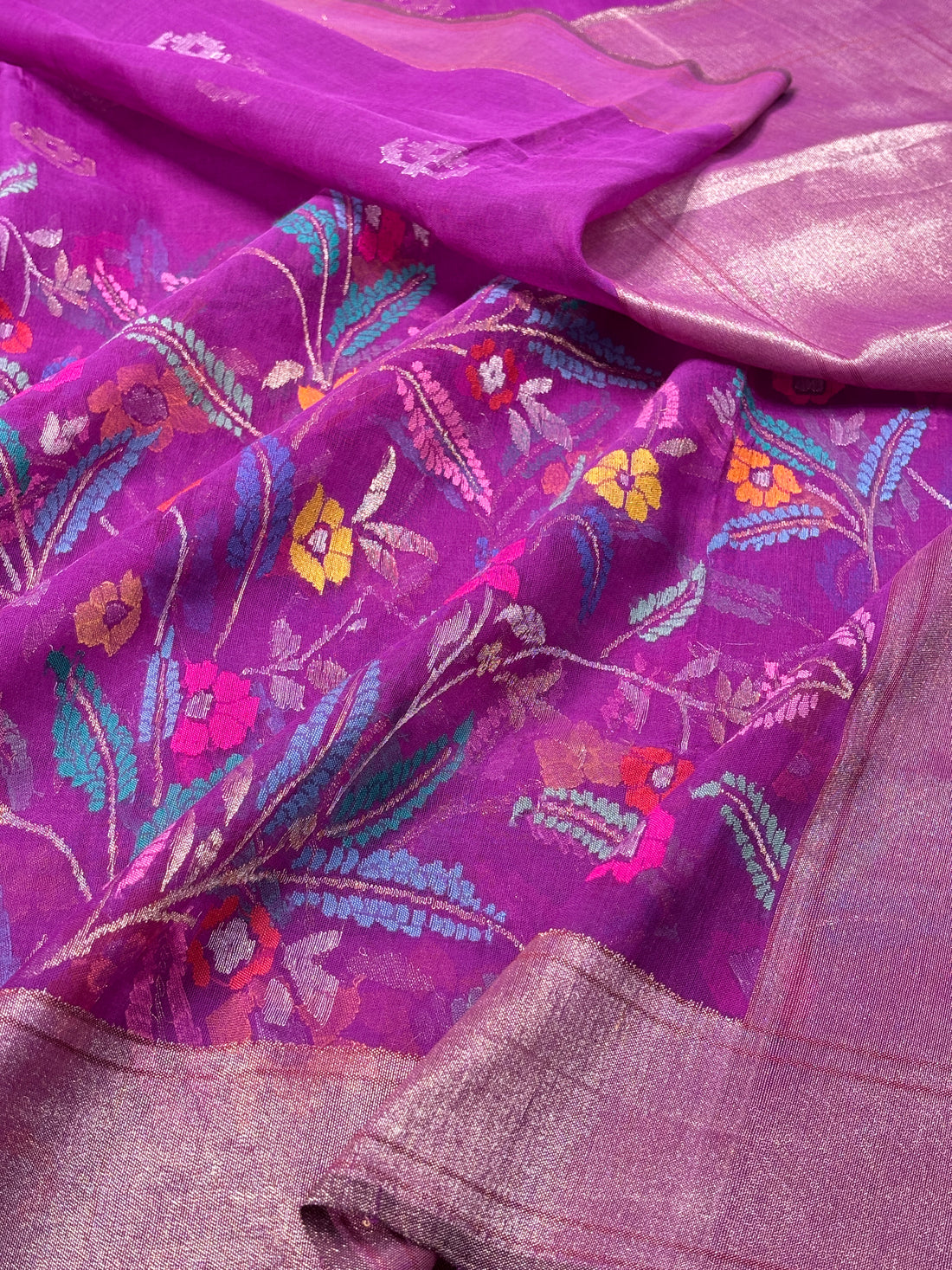 Purple Banarasi Kora Jamdani Silk Handwoven Saree with Real Zari