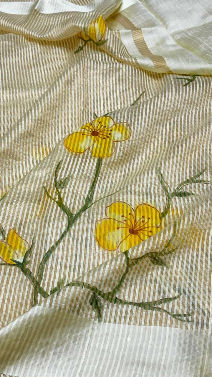 Golden Beige Striped Pattern Pure Banarasi Tissue Hand-Printed Saree with Satin Border