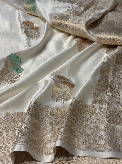 Ivory Banarasi Satin-Mashru Silk Handwoven Saree