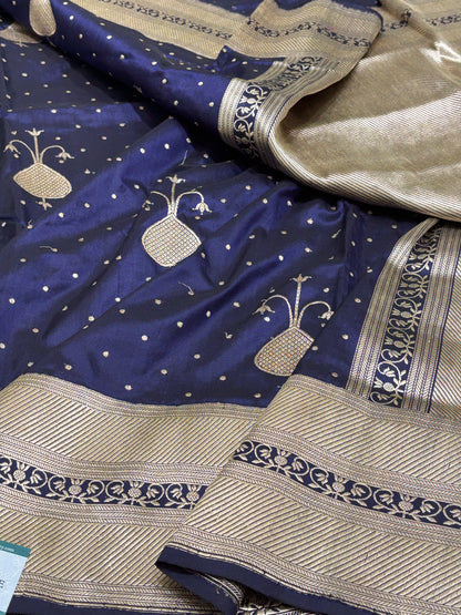 Royal Navy Blue 
Pure Banarasi Katan Silk Handwoven Saree