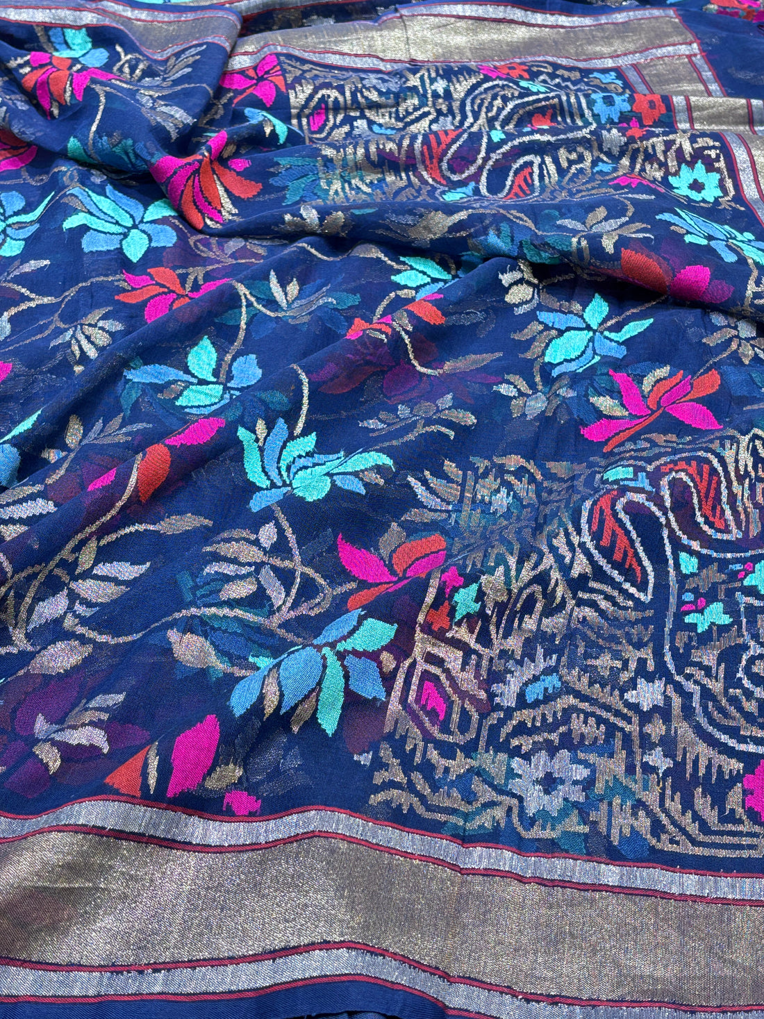 Navy Blue Pure Banarasi Tissue Handwoven Saree with Real Zari