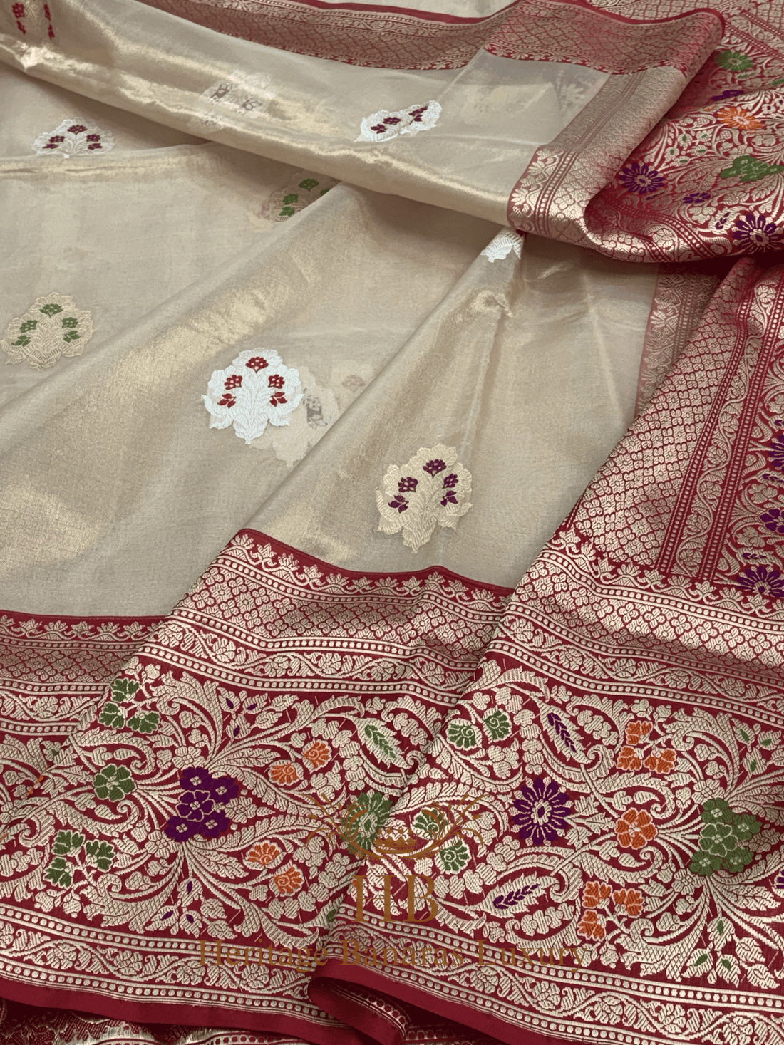 Ivory Handwoven Banarasi Pure Banarasi Tissue Silk Saree with Red Kadhiyal Border