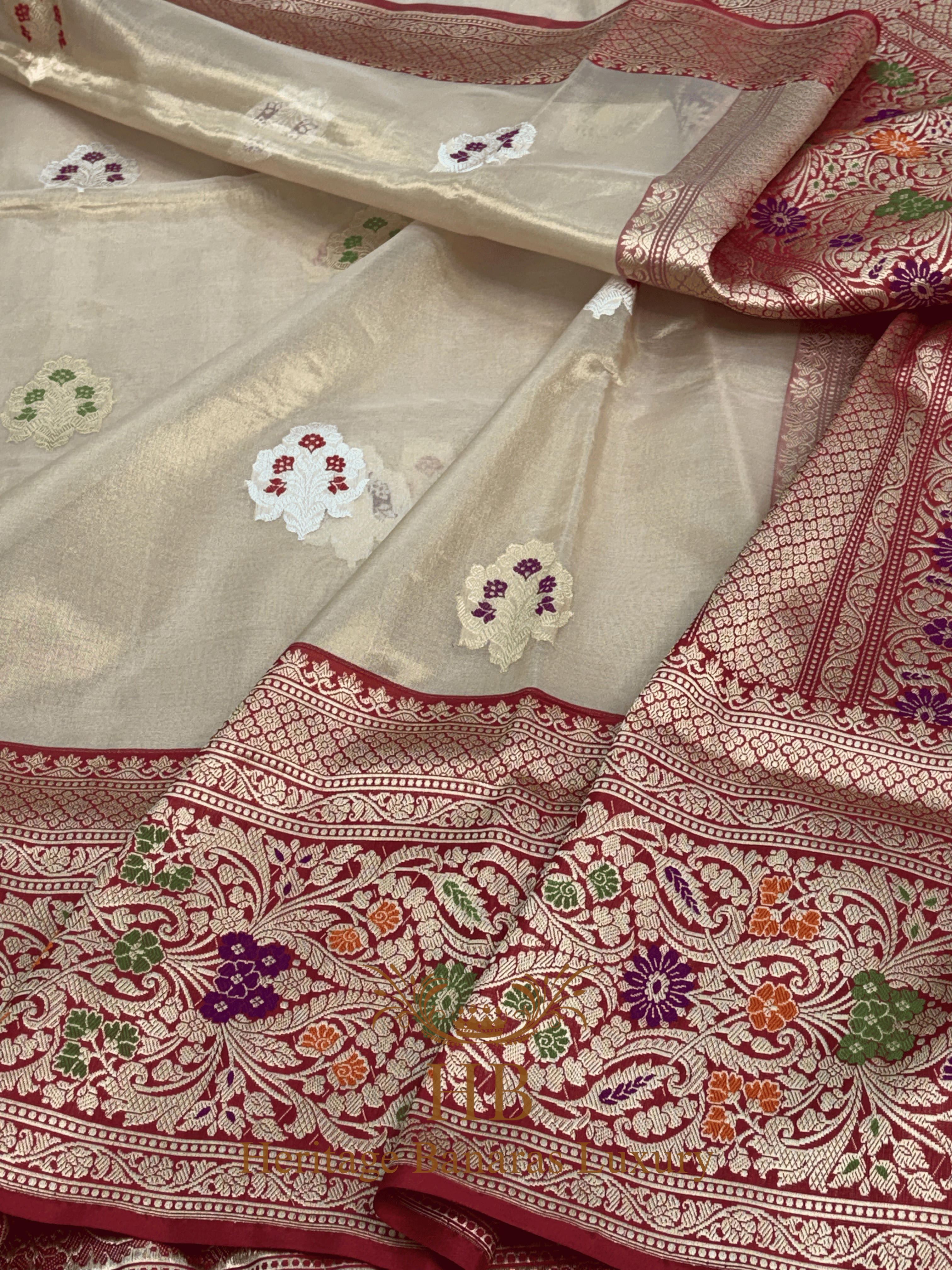 Ivory Handwoven Banarasi Pure Banarasi Tissue Silk Saree with Red Kadhiyal Border