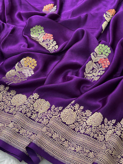 Purple Banarasi Satin-Mashru Silk Handwoven Saree