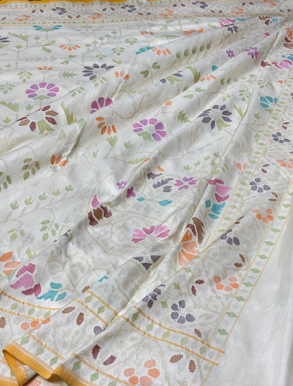 Ivory Banarasi Ektara Silk Handwoven Saree with Real Zari