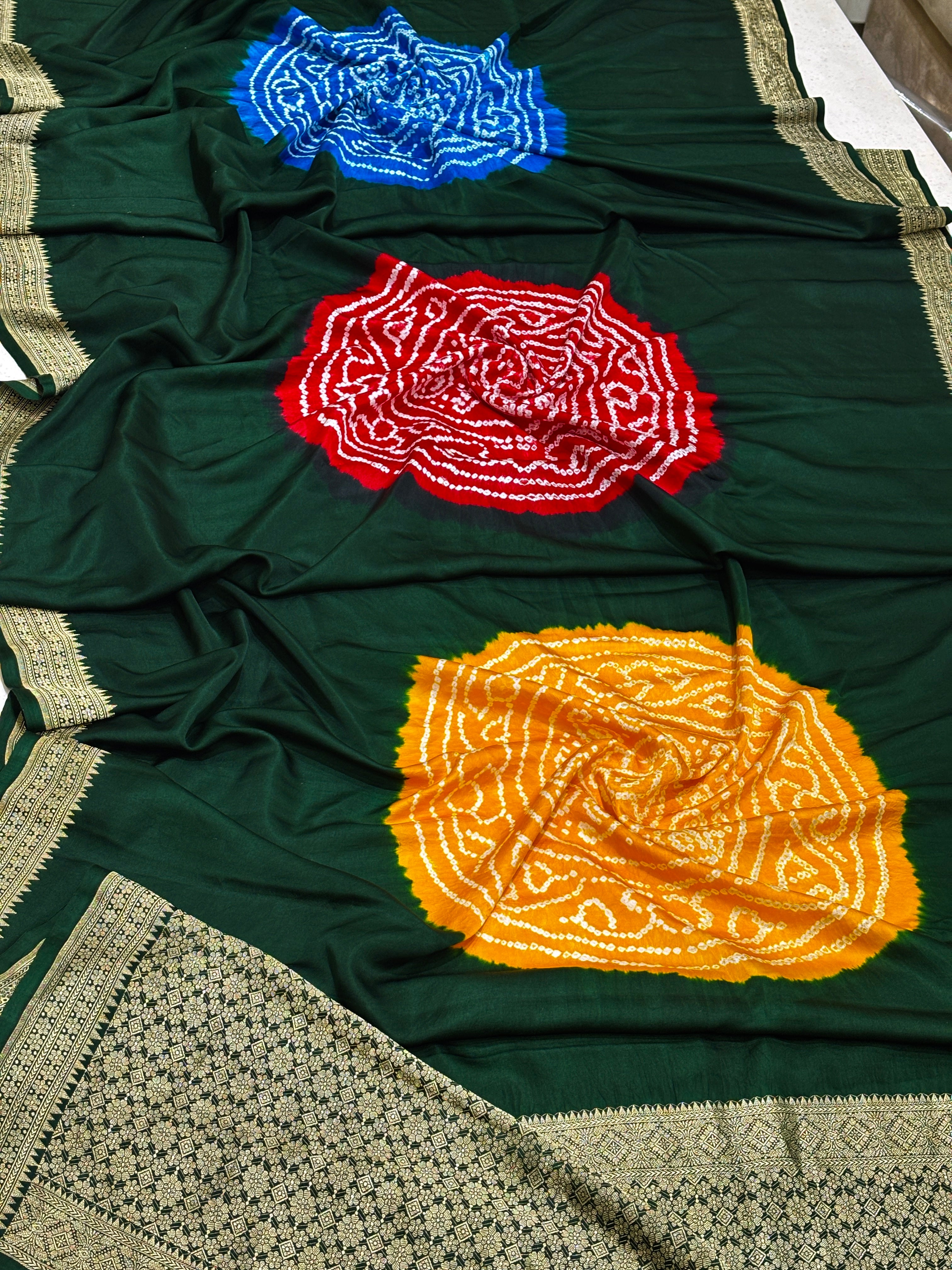 Handloom Satin Mashru Silk Saree with Traditional Bandhani Motifs &amp; Zari Border – Heritage Banarasi Weave