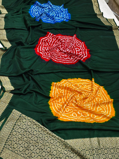 Handloom Satin Mashru Silk Saree with Traditional Bandhani Motifs &amp; Zari Border – Heritage Banarasi Weave