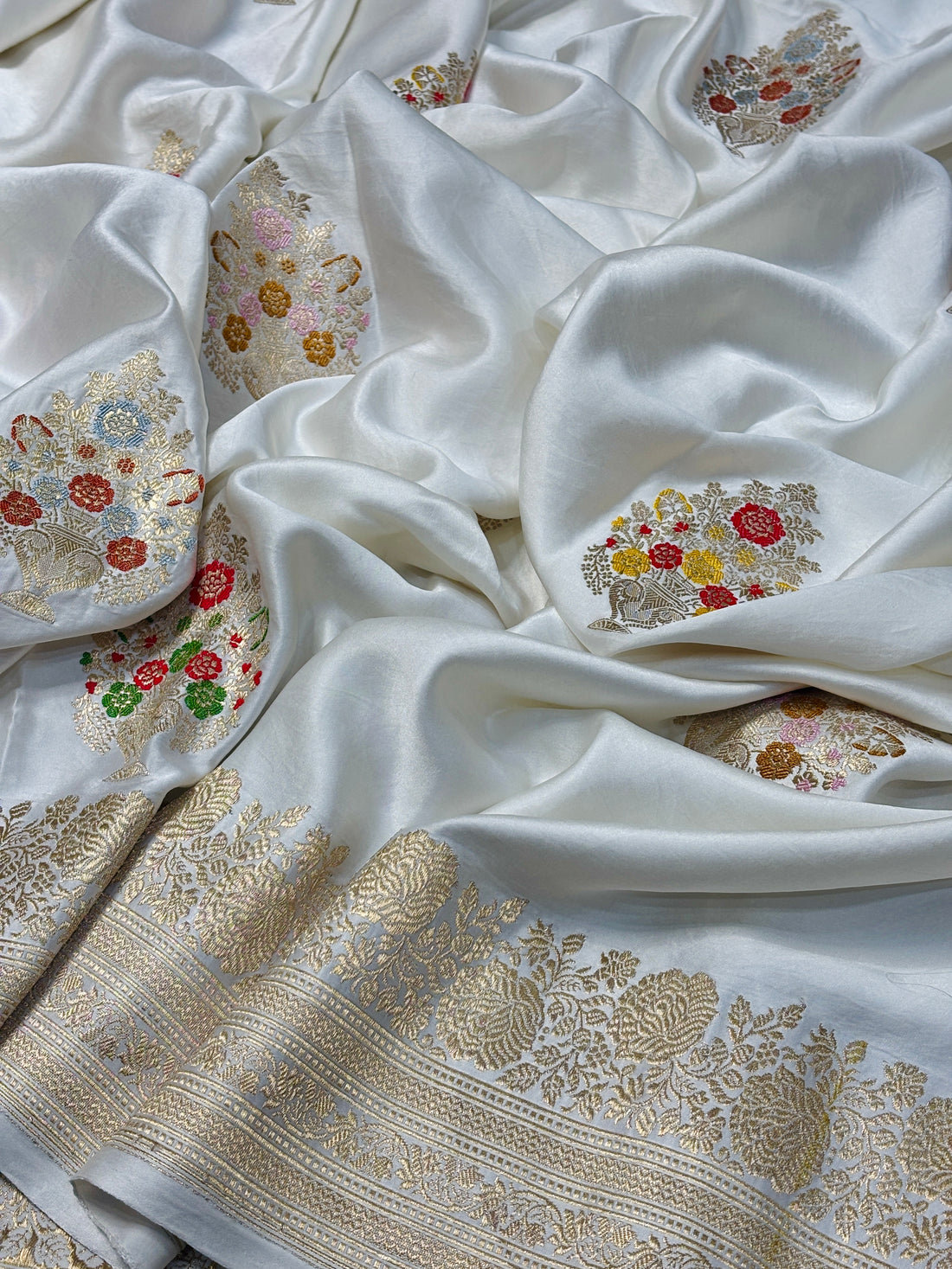 Ivory Banarasi Satin-Mashru Silk Handwoven Saree