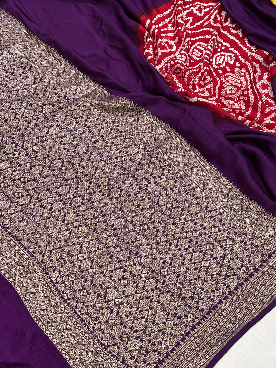 Handloom Satin Mashru Silk Saree with Traditional Bandhani Motifs &amp; Zari Border – Heritage Banarasi Weave