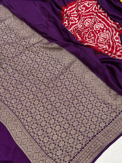 Handloom Satin Mashru Silk Saree with Traditional Bandhani Motifs &amp; Zari Border – Heritage Banarasi Weave