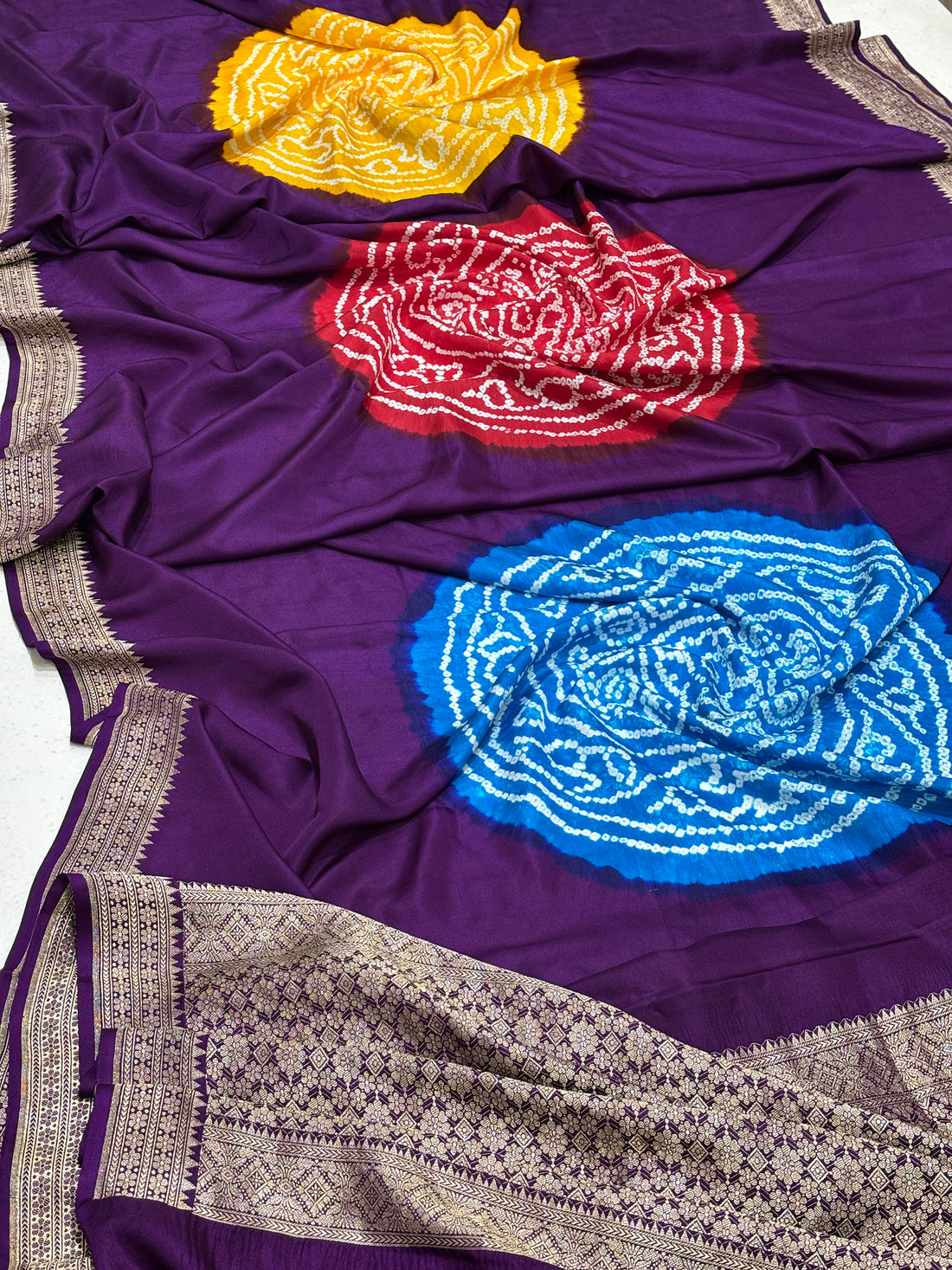 Handloom Satin Mashru Silk Saree with Traditional Bandhani Motifs &amp; Zari Border – Heritage Banarasi Weave