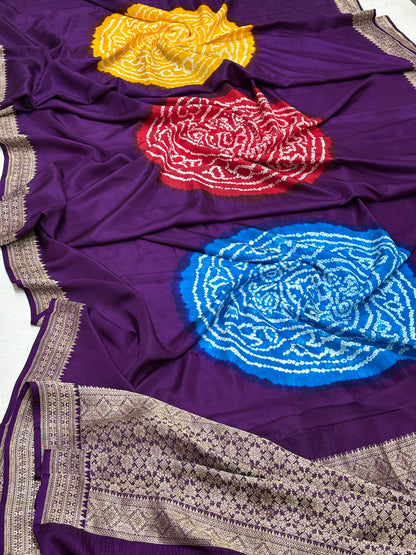 Handloom Satin Mashru Silk Saree with Traditional Bandhani Motifs &amp; Zari Border – Heritage Banarasi Weave