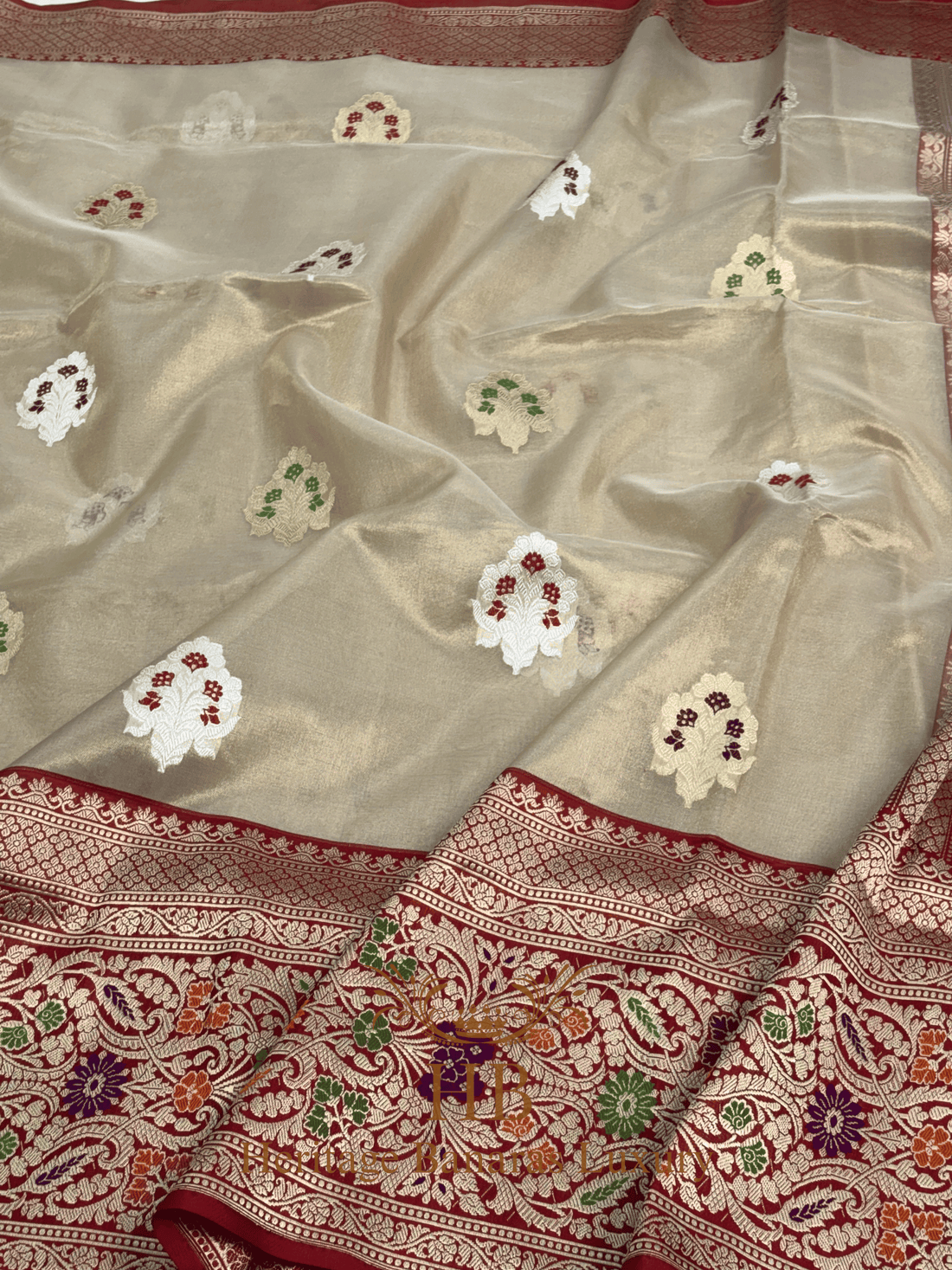 Ivory Handwoven Banarasi Pure Banarasi Tissue Silk Saree with Red Kadhiyal Border