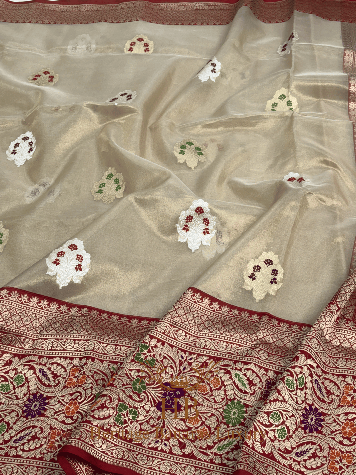 Ivory Handwoven Banarasi Pure Banarasi Tissue Silk Saree with Red Kadhiyal Border