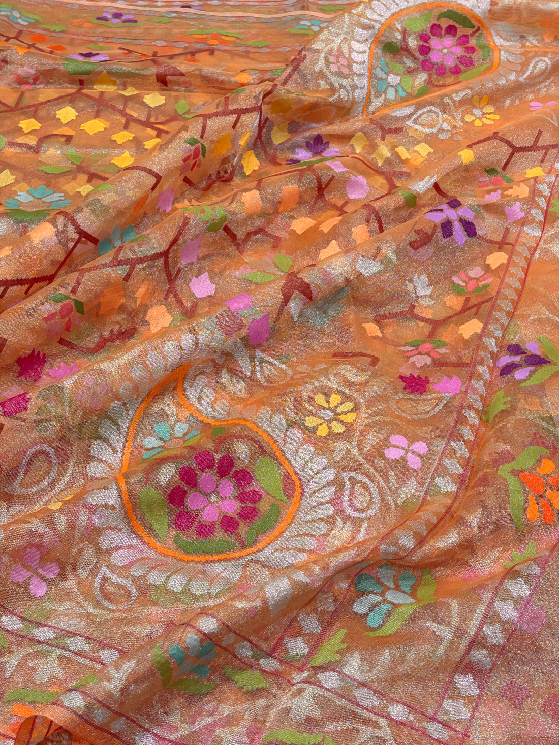 Shimmering Orange Pure Banarasi Tissue Handwoven Saree with Real Zari
