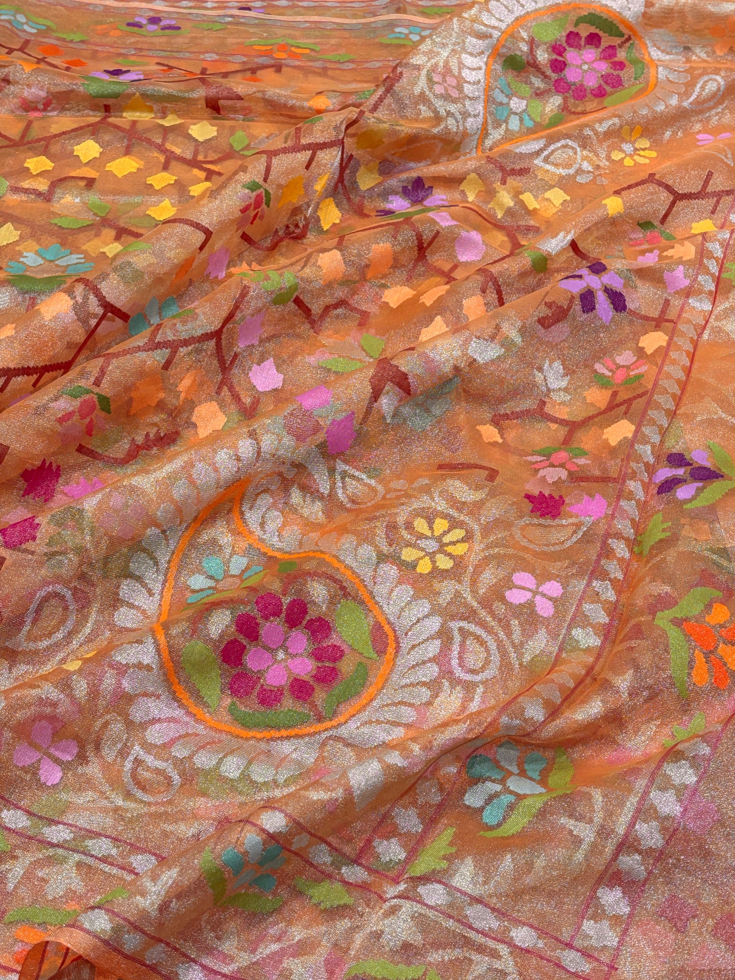 Shimmering Orange Pure Banarasi Tissue Handwoven Saree with Real Zari