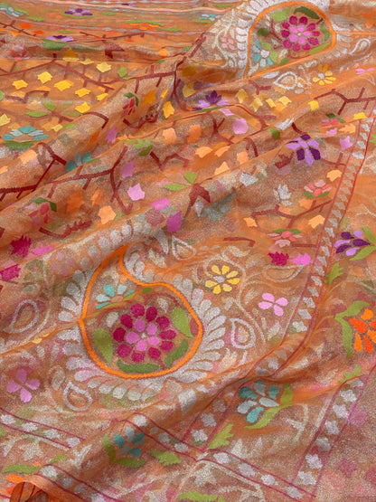 Shimmering Orange Pure Banarasi Tissue Handwoven Saree with Real Zari