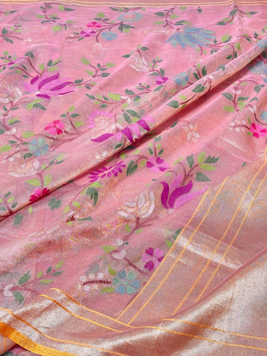 Shimmering Pink Pure Banarasi Tissue Handwoven Saree with Real Zari
