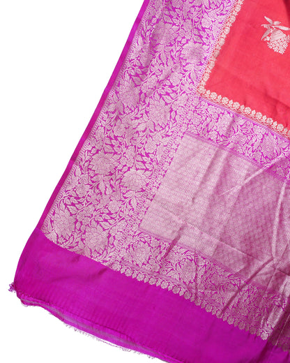 Coral Red Handloom Pure Silk Banarasi Saree