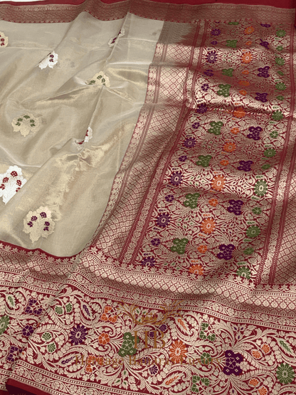 Ivory Handwoven Banarasi Pure Banarasi Tissue Silk Saree with Red Kadhiyal Border