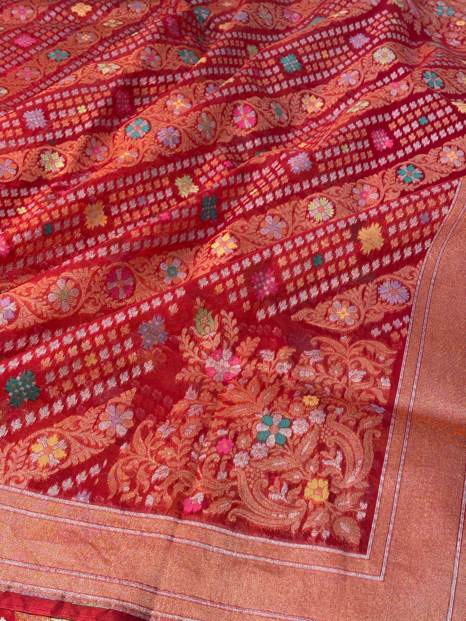 Red Banarasi Kora Jamdani Silk Handwoven Saree