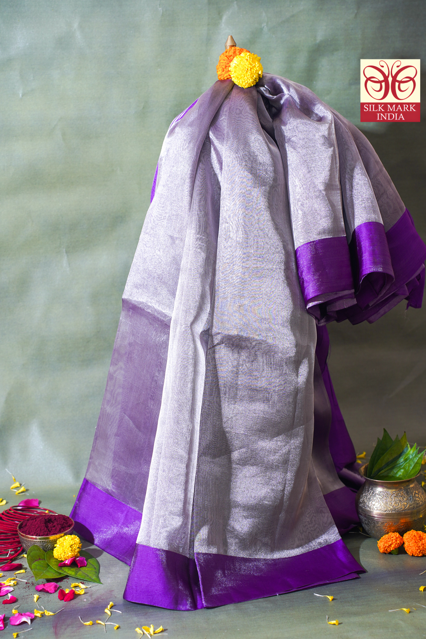 Lavender Silver Banarasi Tissue Saree with Satin Border