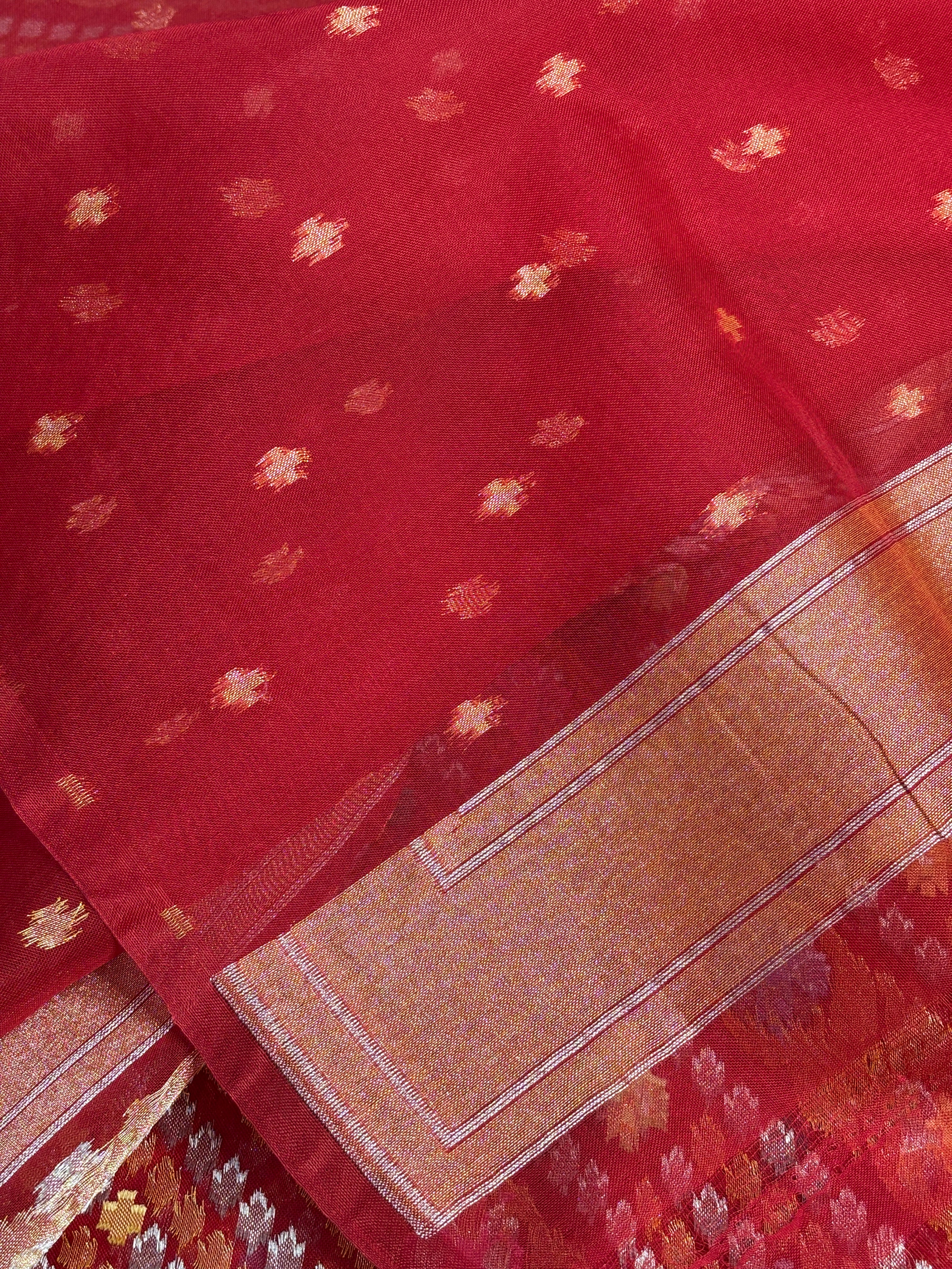 Red Banarasi Kora Jamdani Silk Handwoven Saree