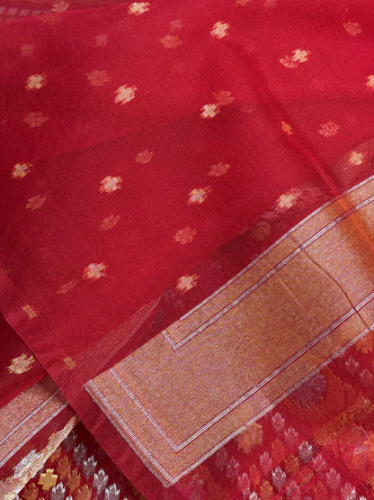 Red Banarasi Kora Jamdani Silk Handwoven Saree