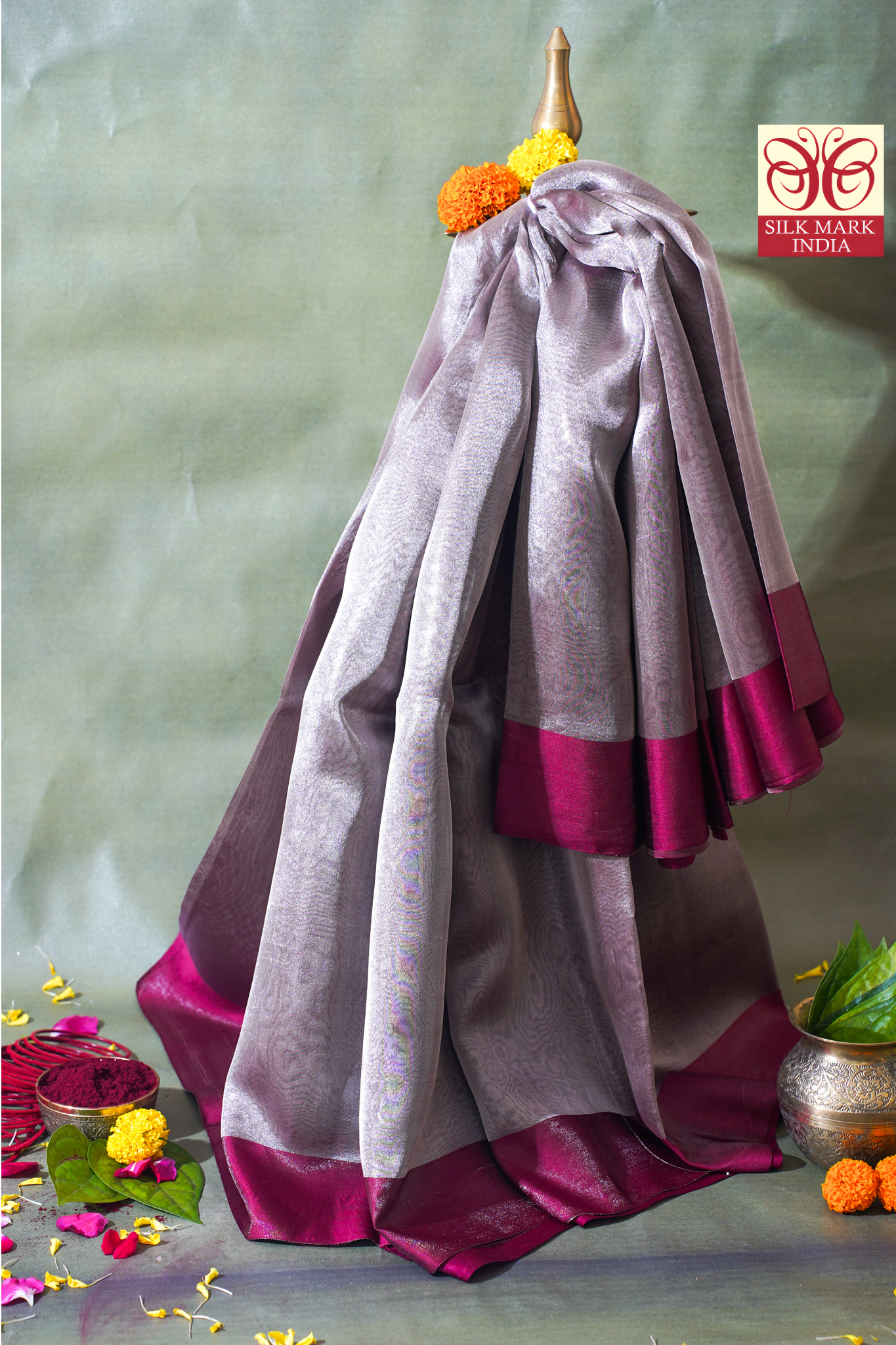 Magenta Silver Banarasi Tissue Saree with Satin Border