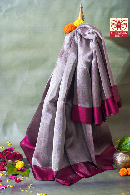 Magenta Silver Banarasi Tissue Saree with Satin Border