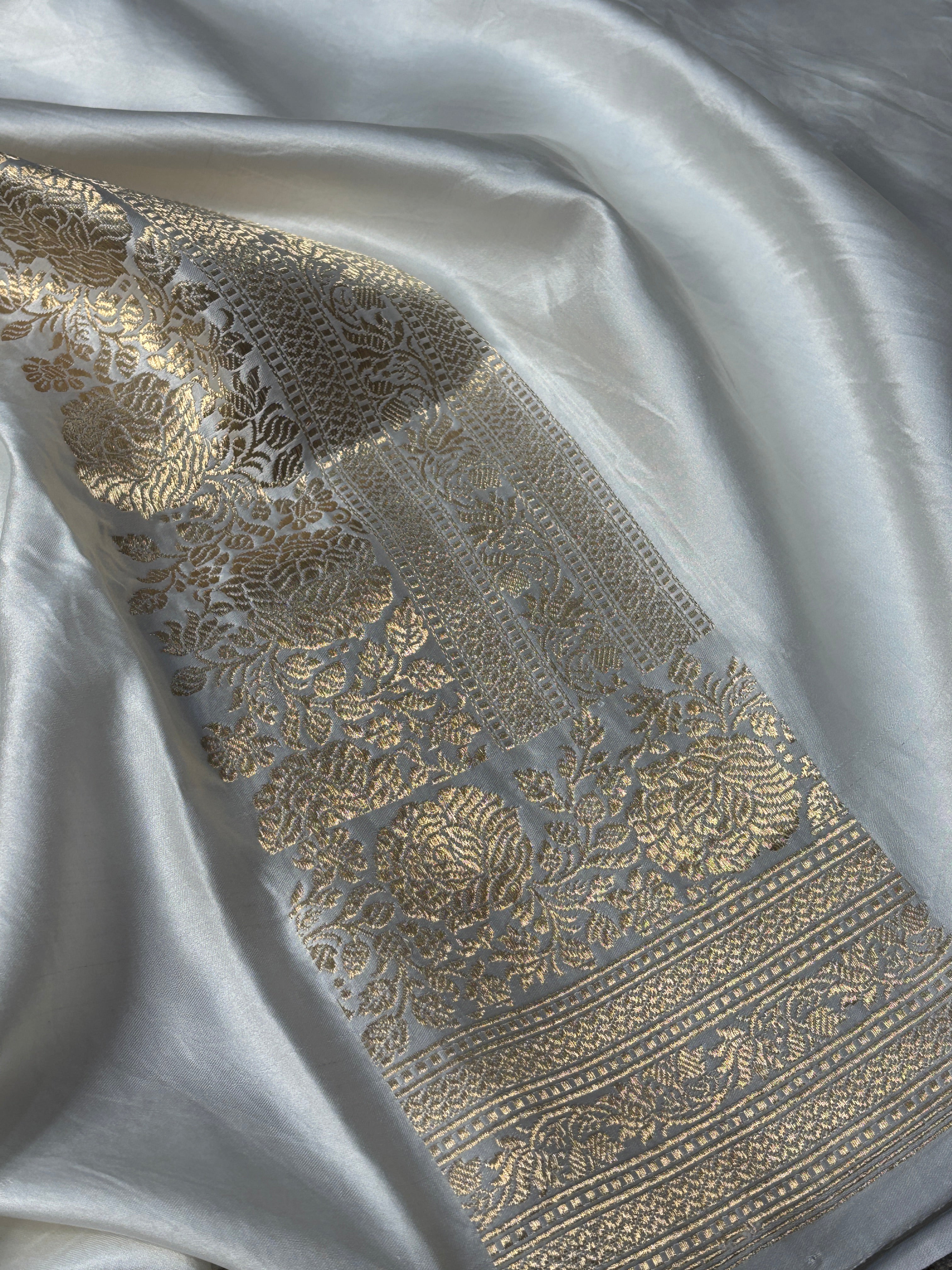 Ivory Banarasi Satin-Mashru Silk Handwoven Saree