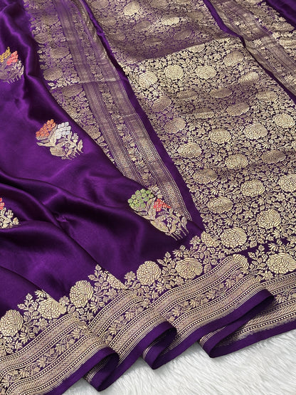 Purple Banarasi Satin-Mashru Silk Handwoven Saree