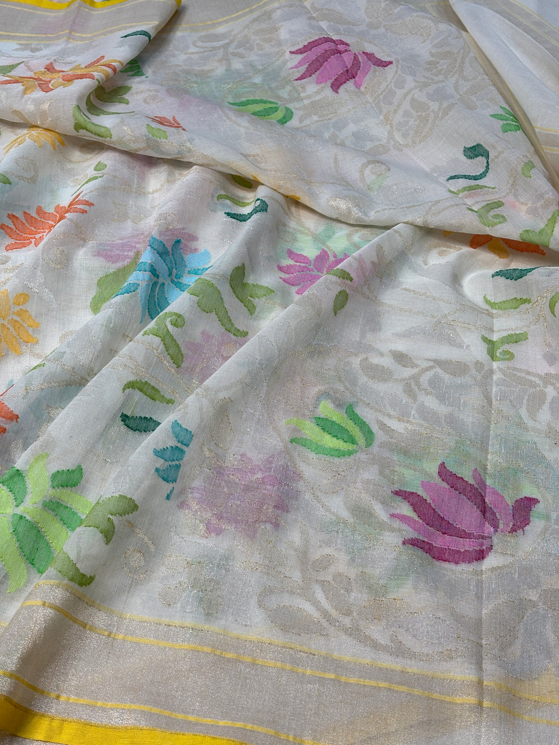 White Banarasi Cotton Kora Jamdani Silk Handwoven Saree with Real Zari