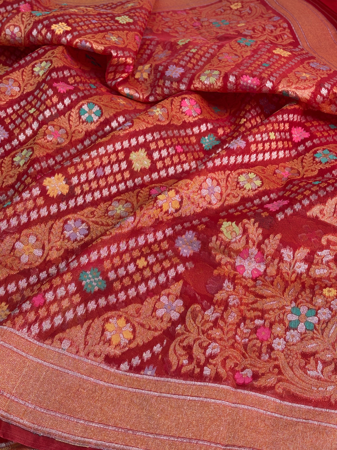 Red Banarasi Kora Jamdani Silk Handwoven Saree