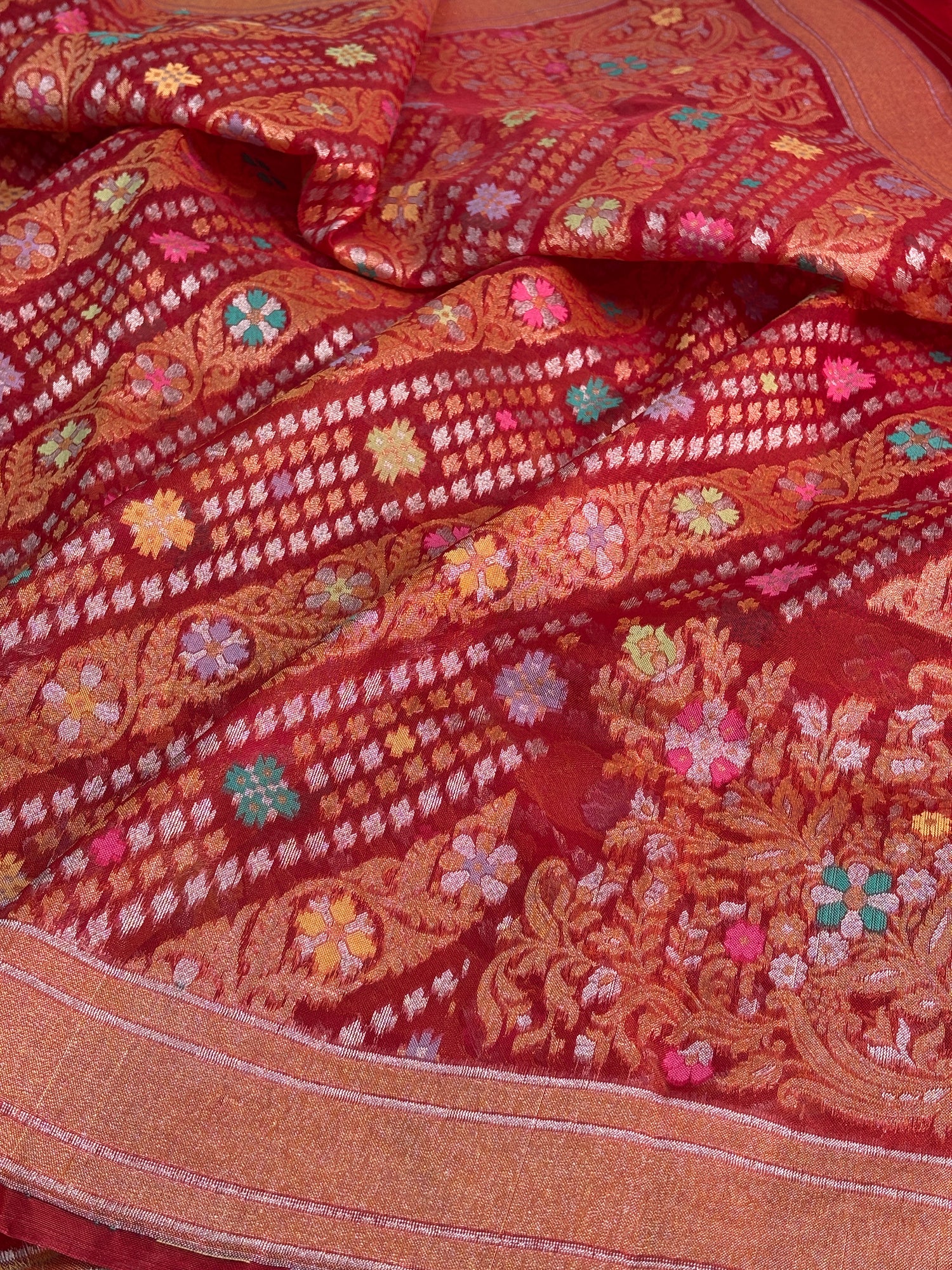 Red Banarasi Kora Jamdani Silk Handwoven Saree