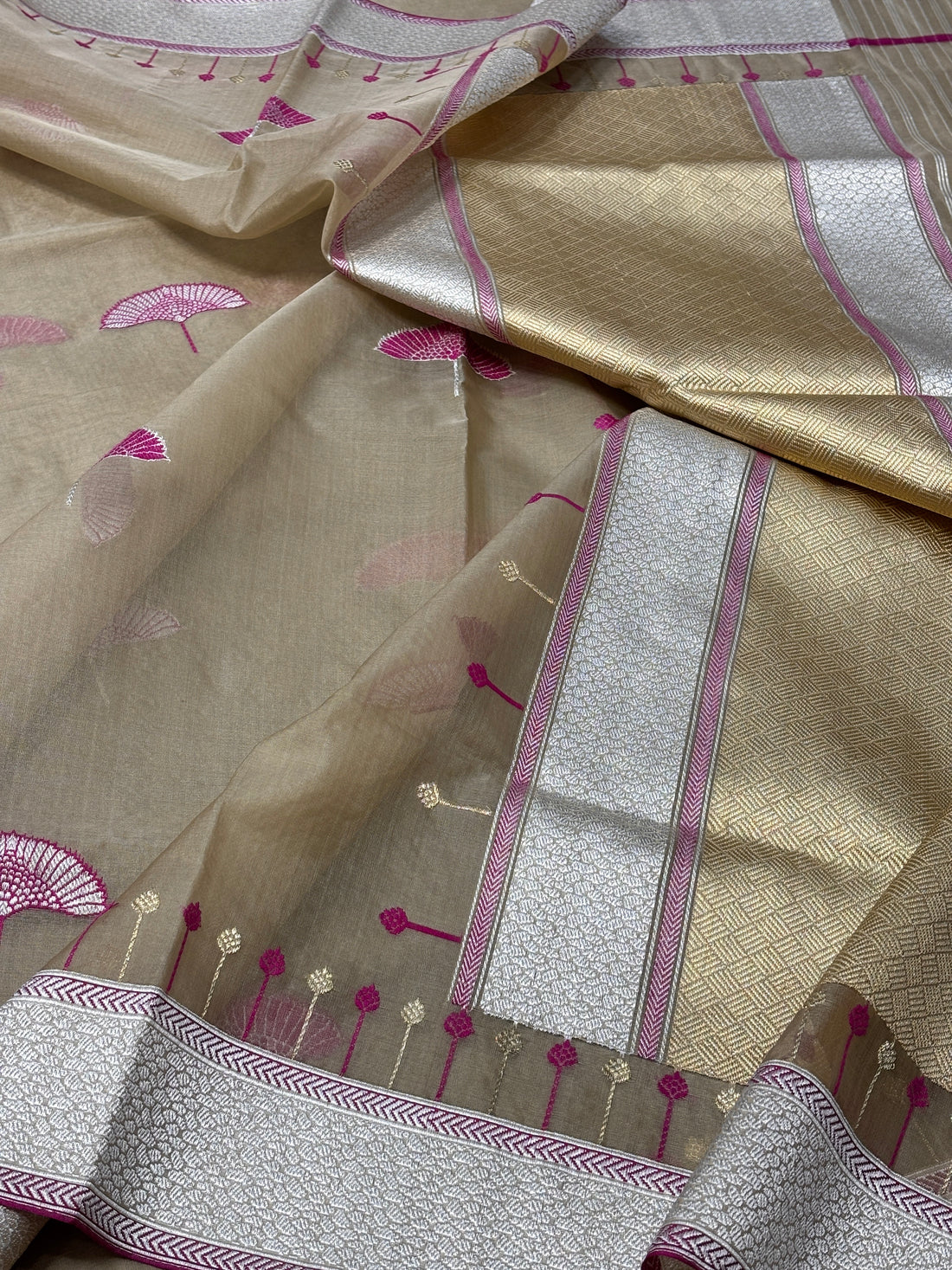 Beige Golden Banarasi Kora Silk Handwoven Saree