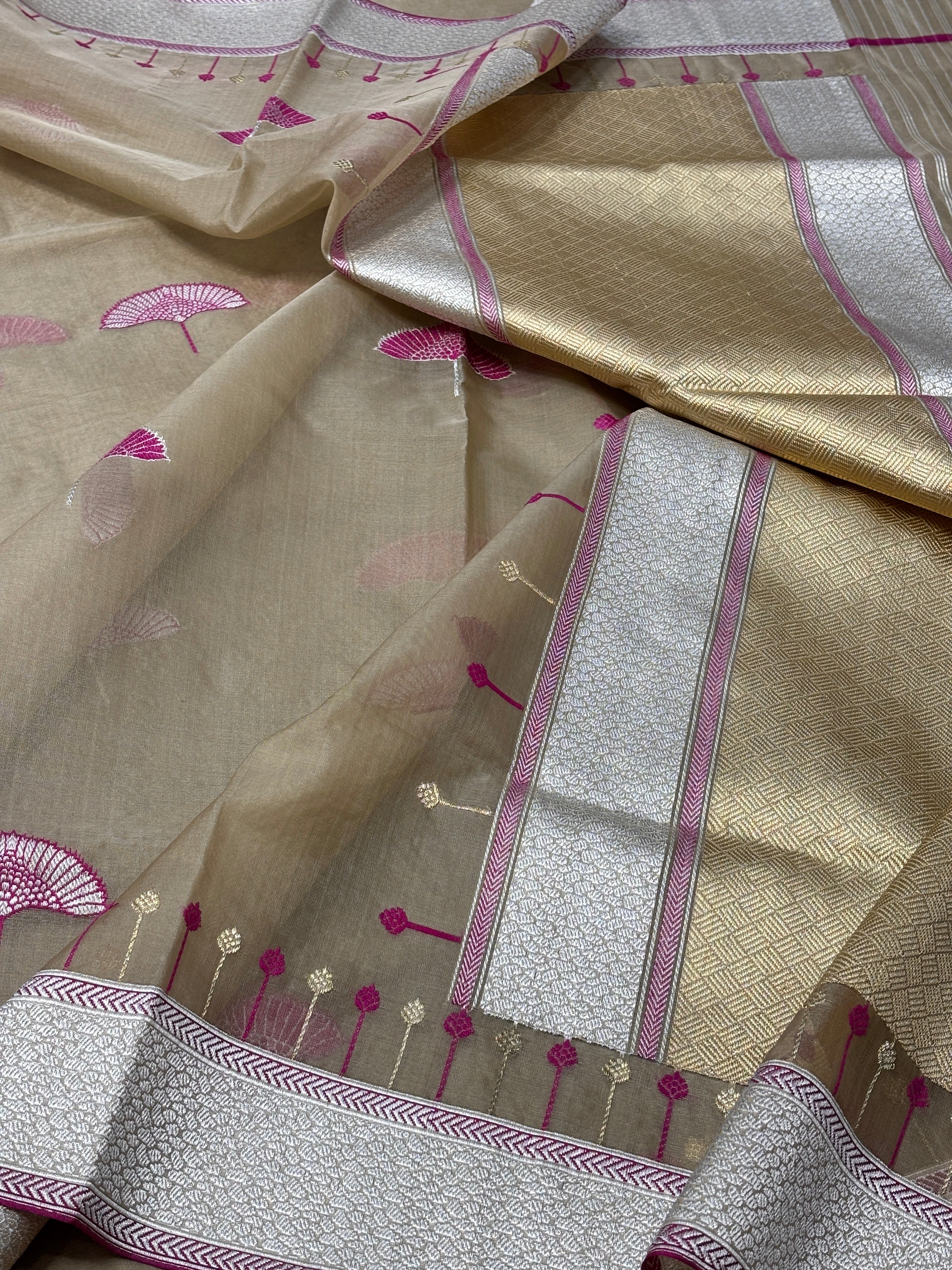 Beige Golden Banarasi Kora Silk Handwoven Saree