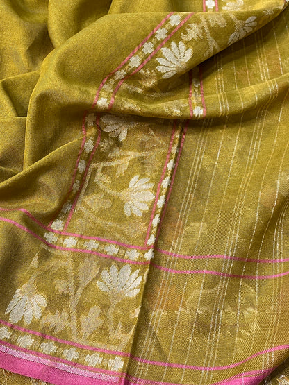 Mehandi Green Banarasi cotton Jamdani handloom Saree