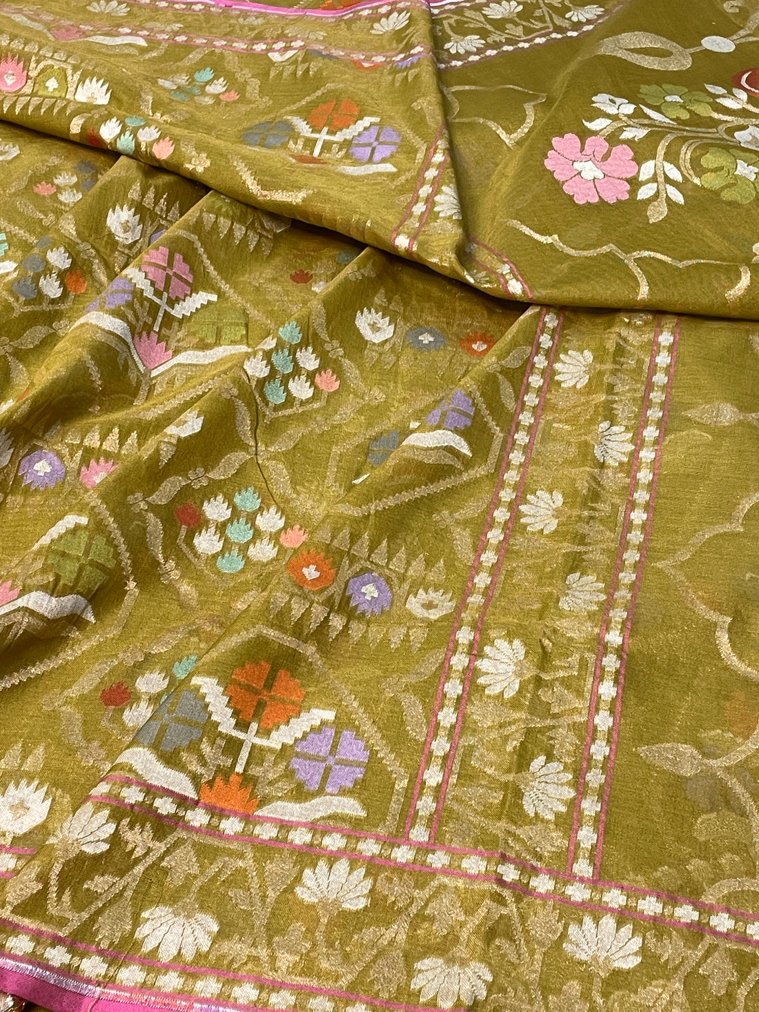 Mehandi Green Banarasi cotton Jamdani handloom Saree