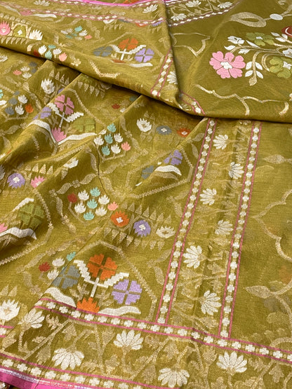 Mehandi Green Banarasi cotton Jamdani handloom Saree