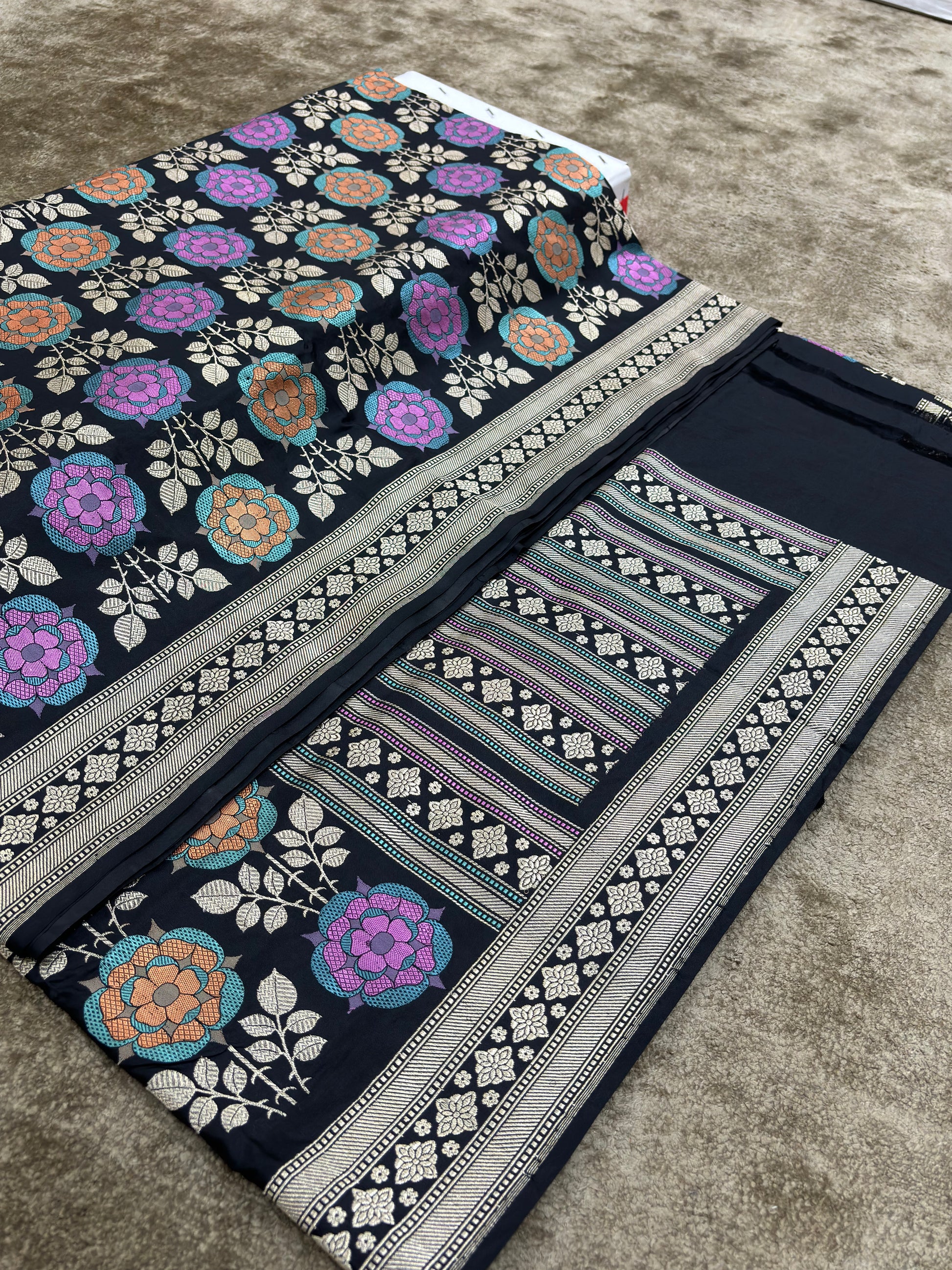 Black Pure Katan Silk Saree with Banarasi Chautera Jaal By HOB