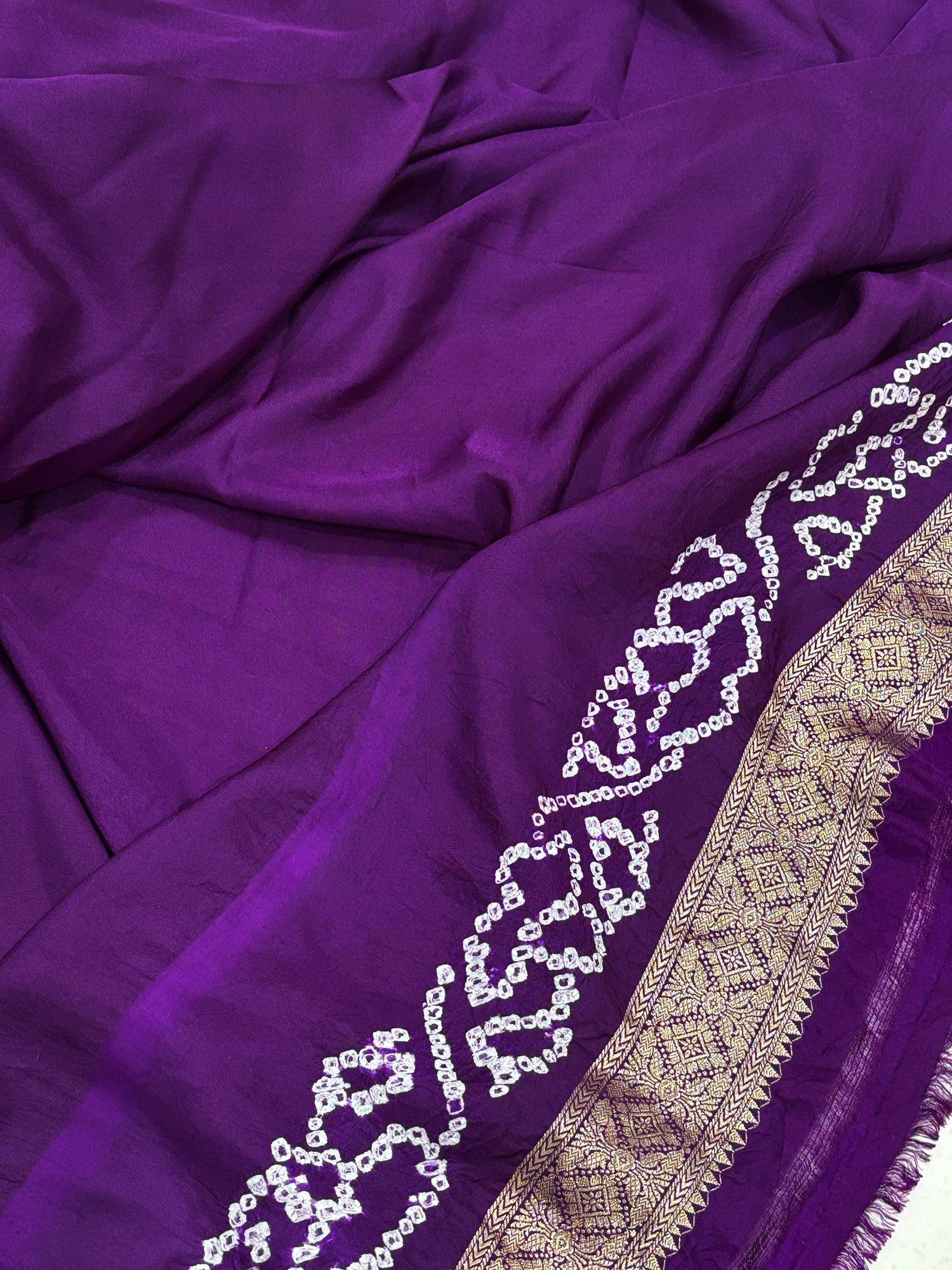 Handloom Satin Mashru Silk Saree with Traditional Bandhani Motifs &amp; Zari Border – Heritage Banarasi Weave