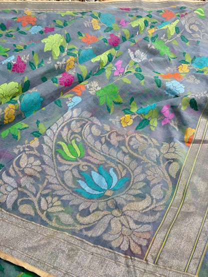 Grey Pure Banarasi kora cotton Handwoven Saree with Real Zari