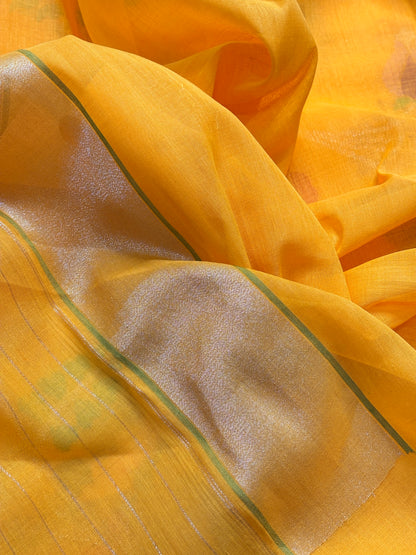 Yellow Banarasi kora cotton Handwoven Saree with Real Zari