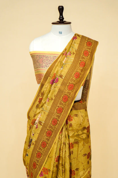 Pure Munga Silk Exclusive Floral Print Saree With Zari Weaving Border