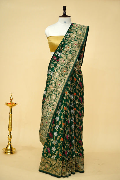 Pure katan silk saree with tilfi Meenakari - Sona Rupa Jaal ( Banarasi Cutwork) Green