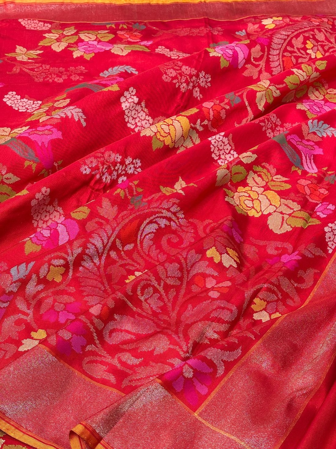 Red Banarasi Ektara Silk Handwoven Saree with Real Zari