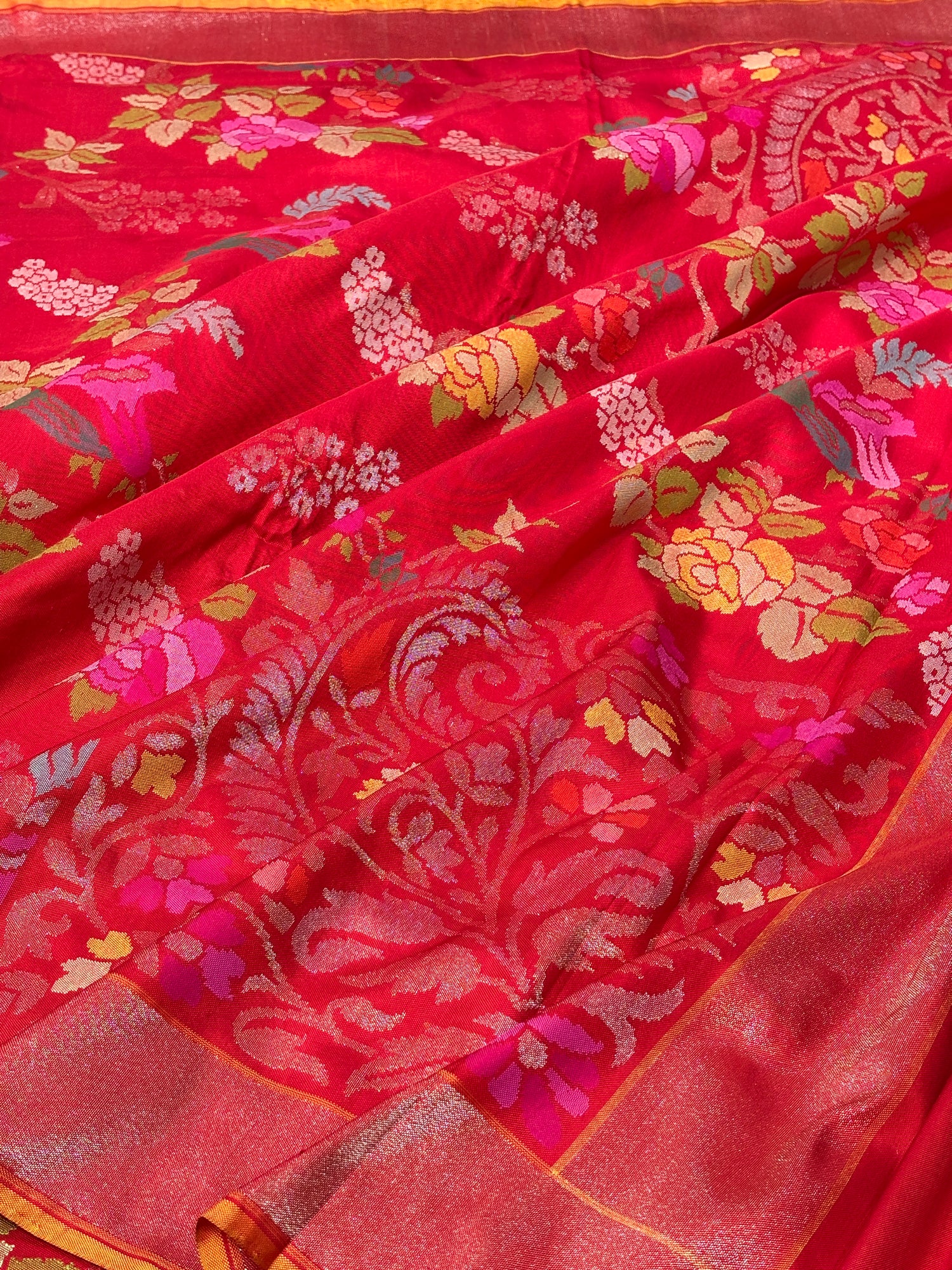 Red Banarasi Ektara Silk Handwoven Saree with Real Zari