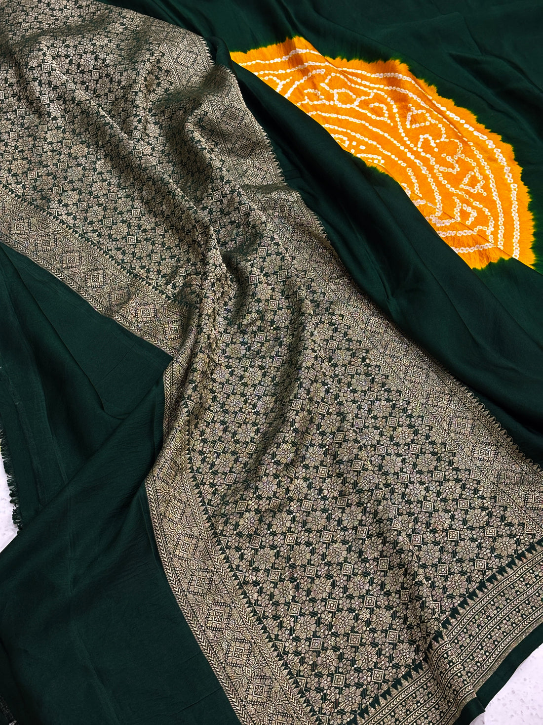 Handloom Satin Mashru Silk Saree with Traditional Bandhani Motifs &amp; Zari Border – Heritage Banarasi Weave