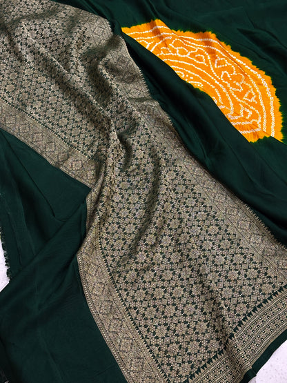 Handloom Satin Mashru Silk Saree with Traditional Bandhani Motifs &amp; Zari Border – Heritage Banarasi Weave